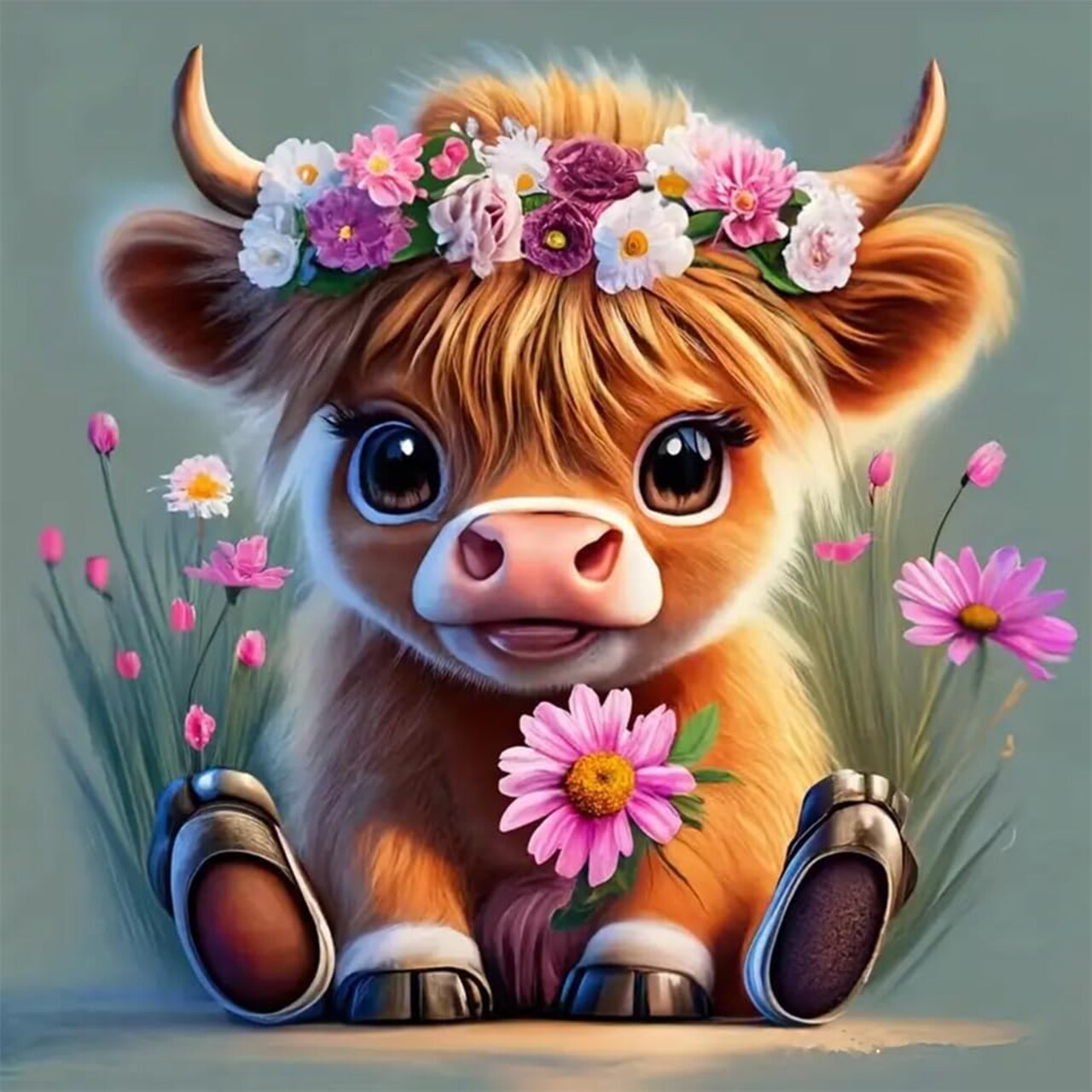 Adult Cow Flower Diamond Art Kits for Adults Cow Diamond Painting Full Round Drill Crafts Kit for Home Wall Decor Gift 12x12in